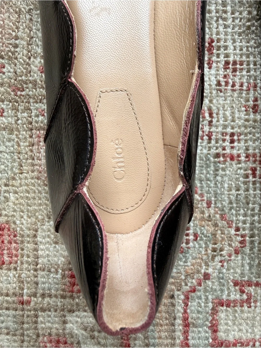 Chloe Scalloped Pointed-Toe Flats in Dark Brown with Nude Insole